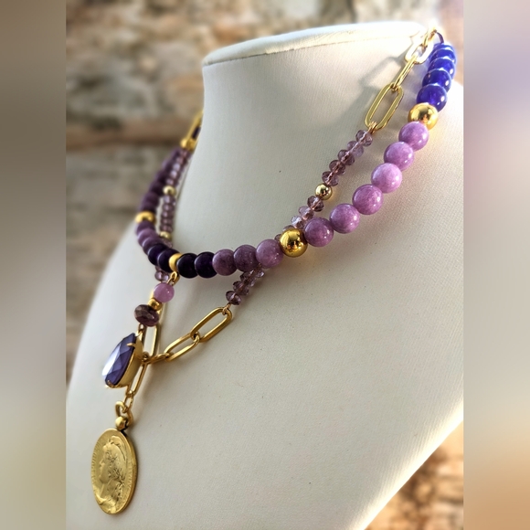 Natural Purple Jade & Amethyst Two Strand Bead In Paperclip Chain Necklace - Picture 2 of 10